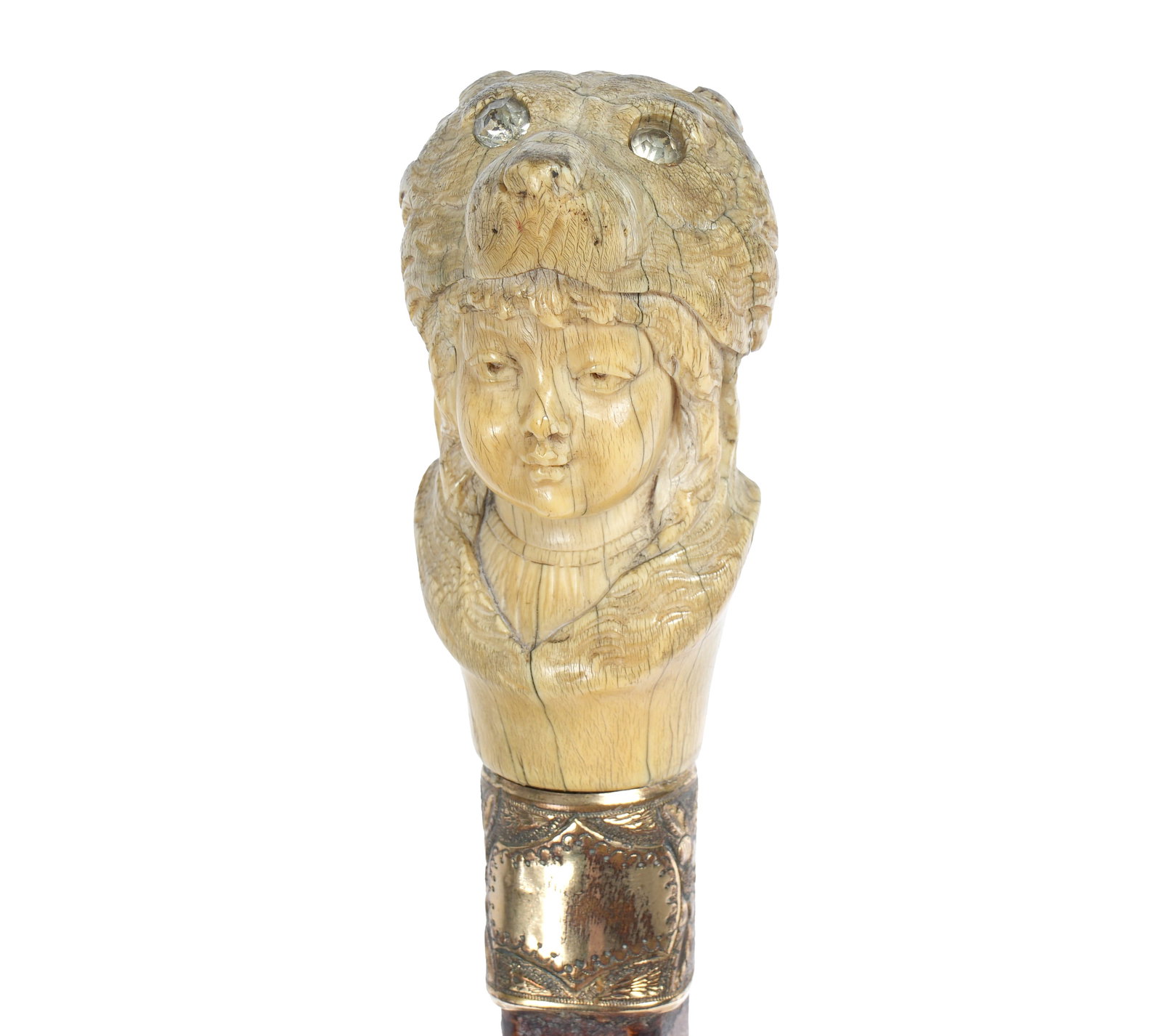Carved bone Girl with Bear Hat Walking Stick (1 of 8)