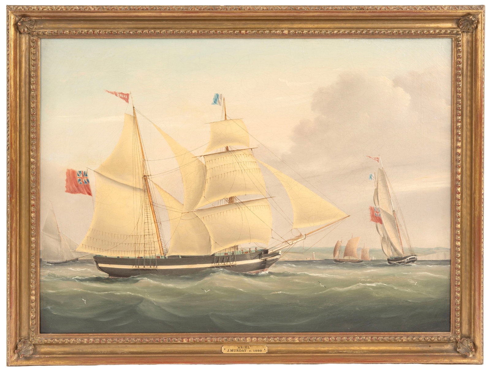 John Murday Portrait of the Ship Ariel Maritime: MURDAY, John, (British, 1787-1847): "Portrait of the Ship Ariel", in calm seas, Oil on Canvas, signature not discovered, 19" x 25.5", framed 22.5" x 29". Condition: Craquelure, scattered inpaint, reli