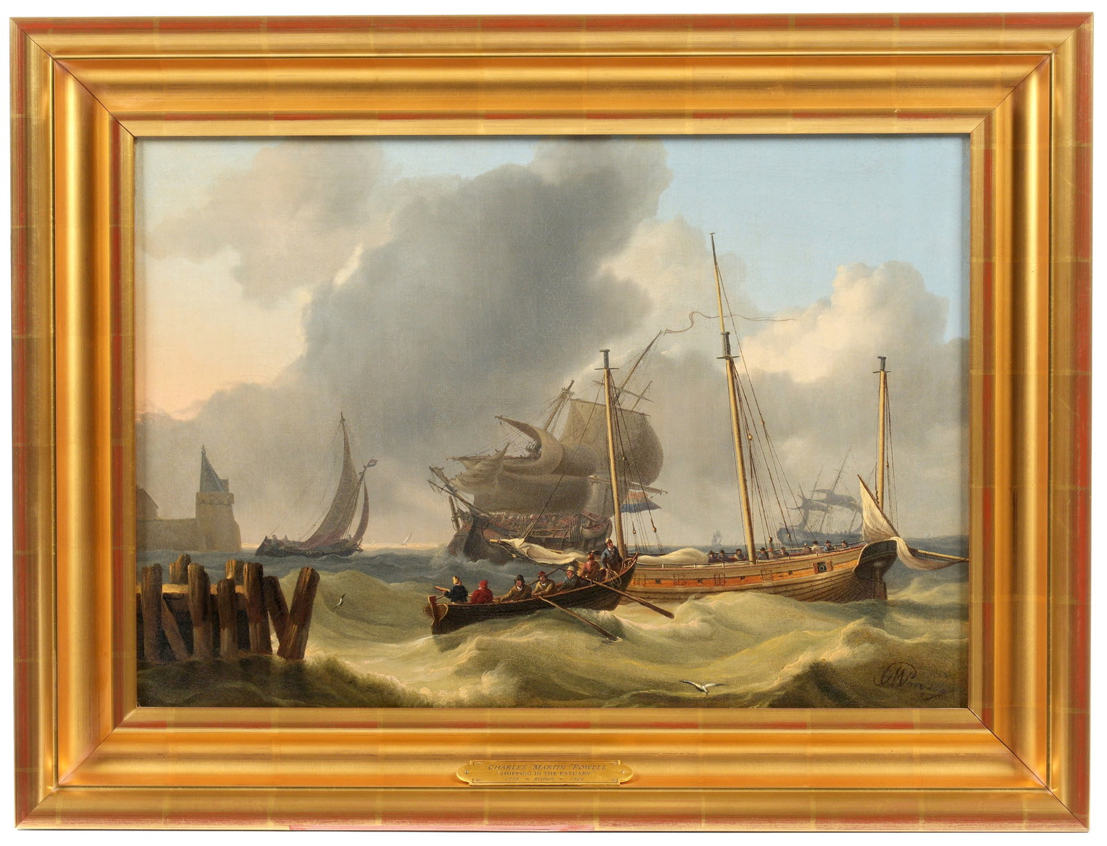 Charles Martin Powell "Shipping in the Estuary": POWELL, Charles Martin, (British, 1775-1824): "Shipping in the Estuary", several vessels in rough seas, Oil on Canvas; signed lower right. 17" x 24", framed 23.5" x 30.5". Condition: Craquelure, inpai
