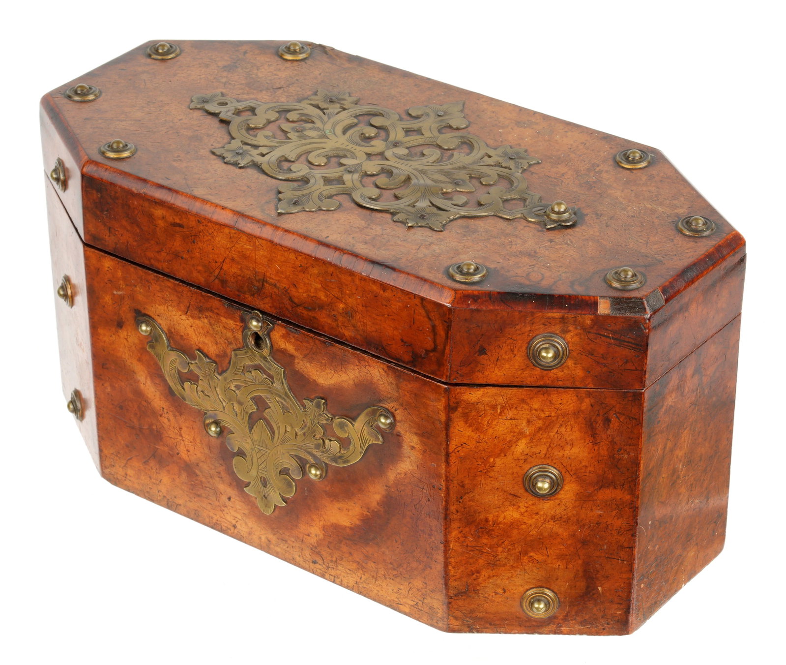 English Regency Burl Walnut Tea Caddy Bronze Decor (1 of 11)
