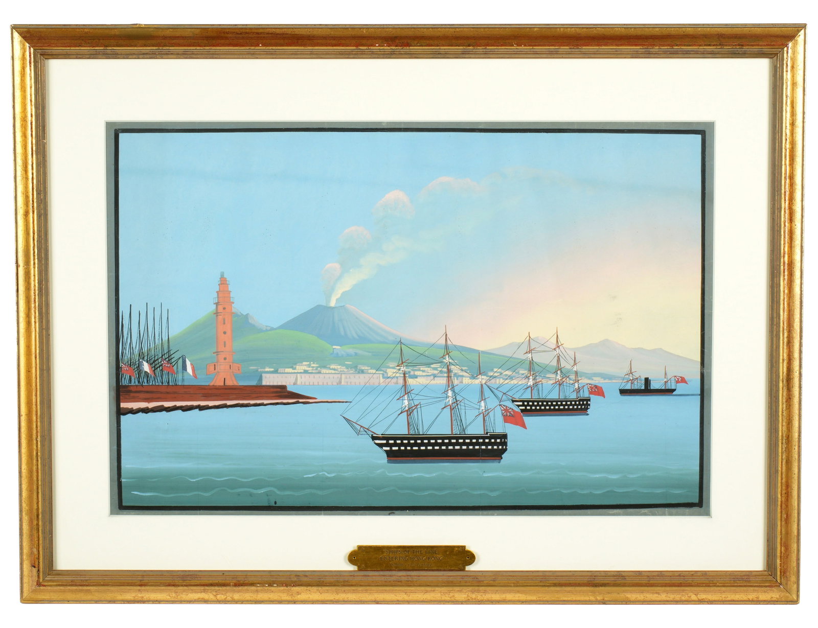 Mystery Artist Ship of the Line Hong Kong Gouache: Italian, 19th Century, "Ships of the Line Entering Hong Kong", three ships entering the harbor, Gouache on Paper, signature not discovered, sight size 15" x 23", framed 22.5" x 30.5". Condition: Sligh