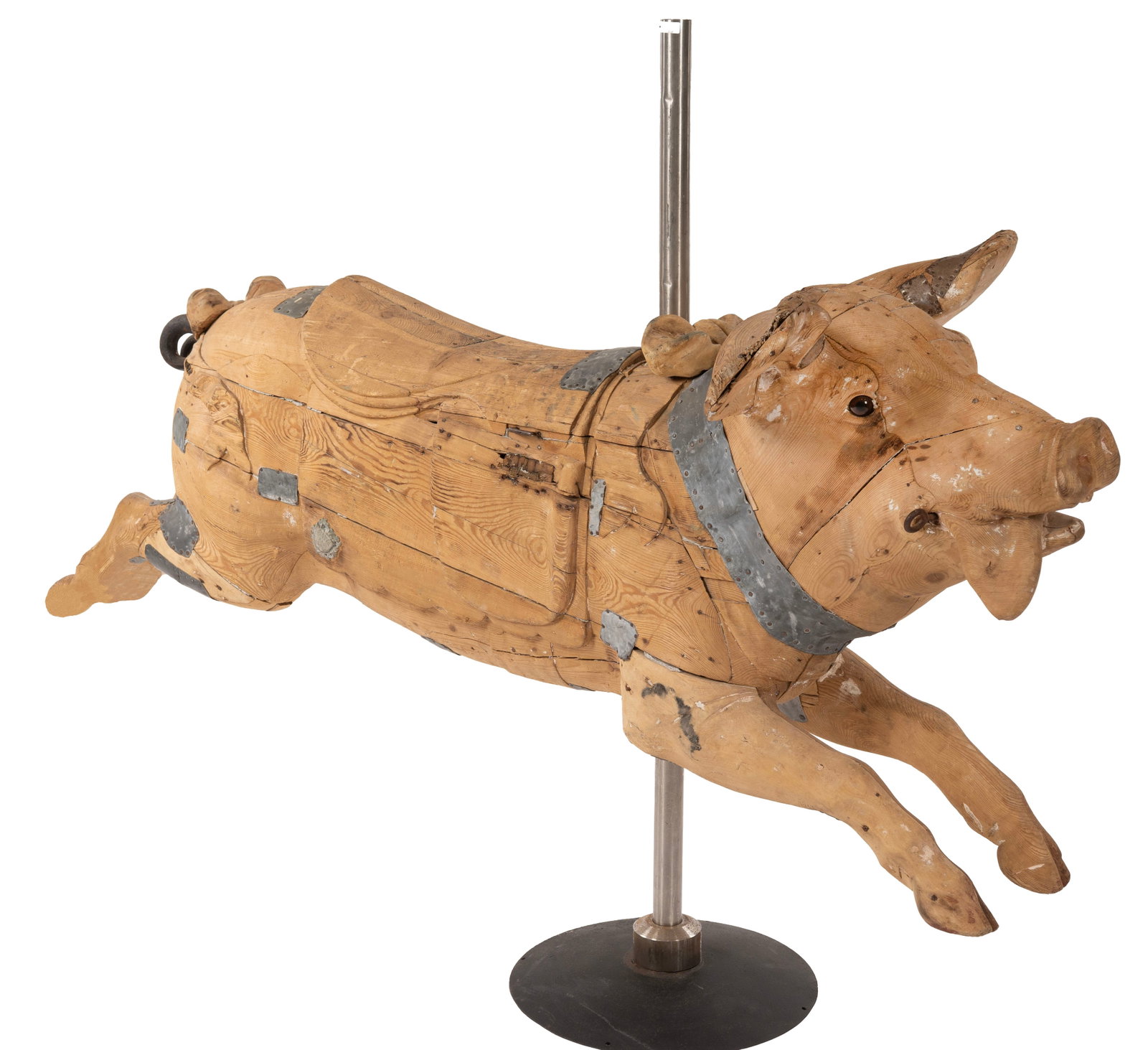 Gustave Bayol Carved Figural Carousel Pig: Gustav Bayol Carousel Company (active 1887-1914), carved carousel figure of a pig, glass eyes, coiled iron tail. Original "Bayol F'ant Angers" metal tag on left side. Overall 31 "h. x 69" x 21.5".