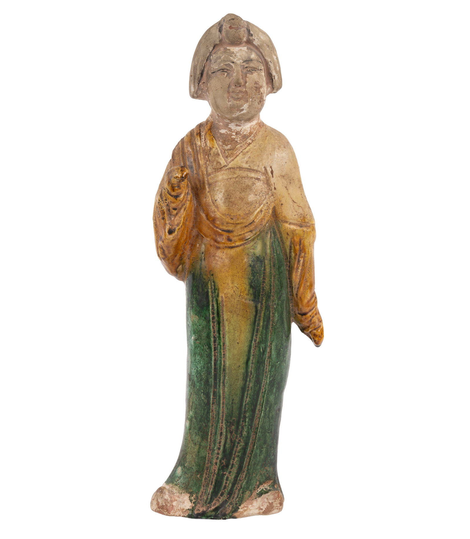 Chinese Tang Sancai Glazed Fat Lady Tomb Figure: Tang Dynasty, circa 618-907 CE, polychrome Sancai glaze terracotta "Fat Lady" tomb figure. Overall 12.5" h. x 4.75" x 2.5". Condition: Face appears to have restoration. Minor chips. Private Sarasota