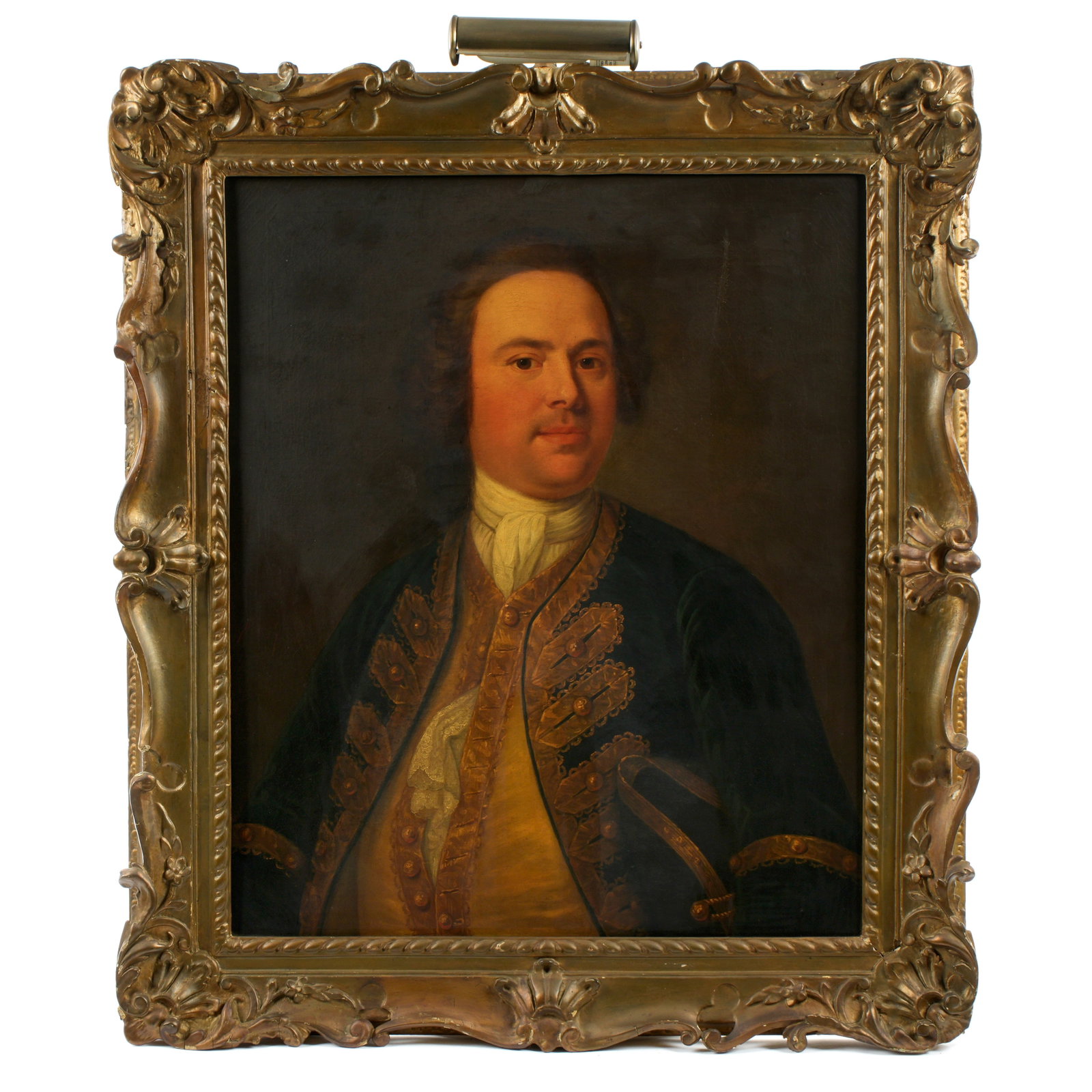 Portrait of British Commodore George Walker: Half length portrait of a British Naval Officer, believed to be Commodore George Walker, Oil on Canvas, signature not discovered, 30.25" x 25.25", framed 37" x 32.5". Condition: Craquelure, wax reline