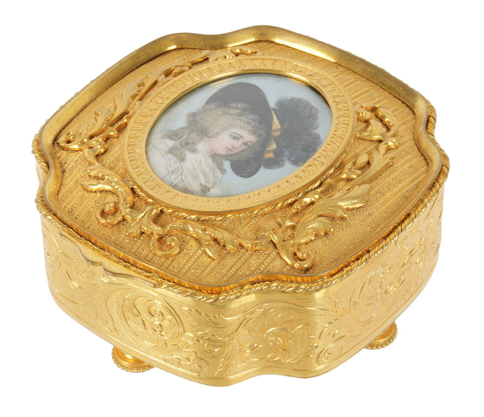 19th C. French Bronze Dore Miniature Portrait Box: 19th Century, ornately decorated bronze dore box, hinged lid with miniature portrait of an elegant woman, all on four feet. Velvet lined interior. Overall measures 1.75" h .x 3.75" x 3.75".