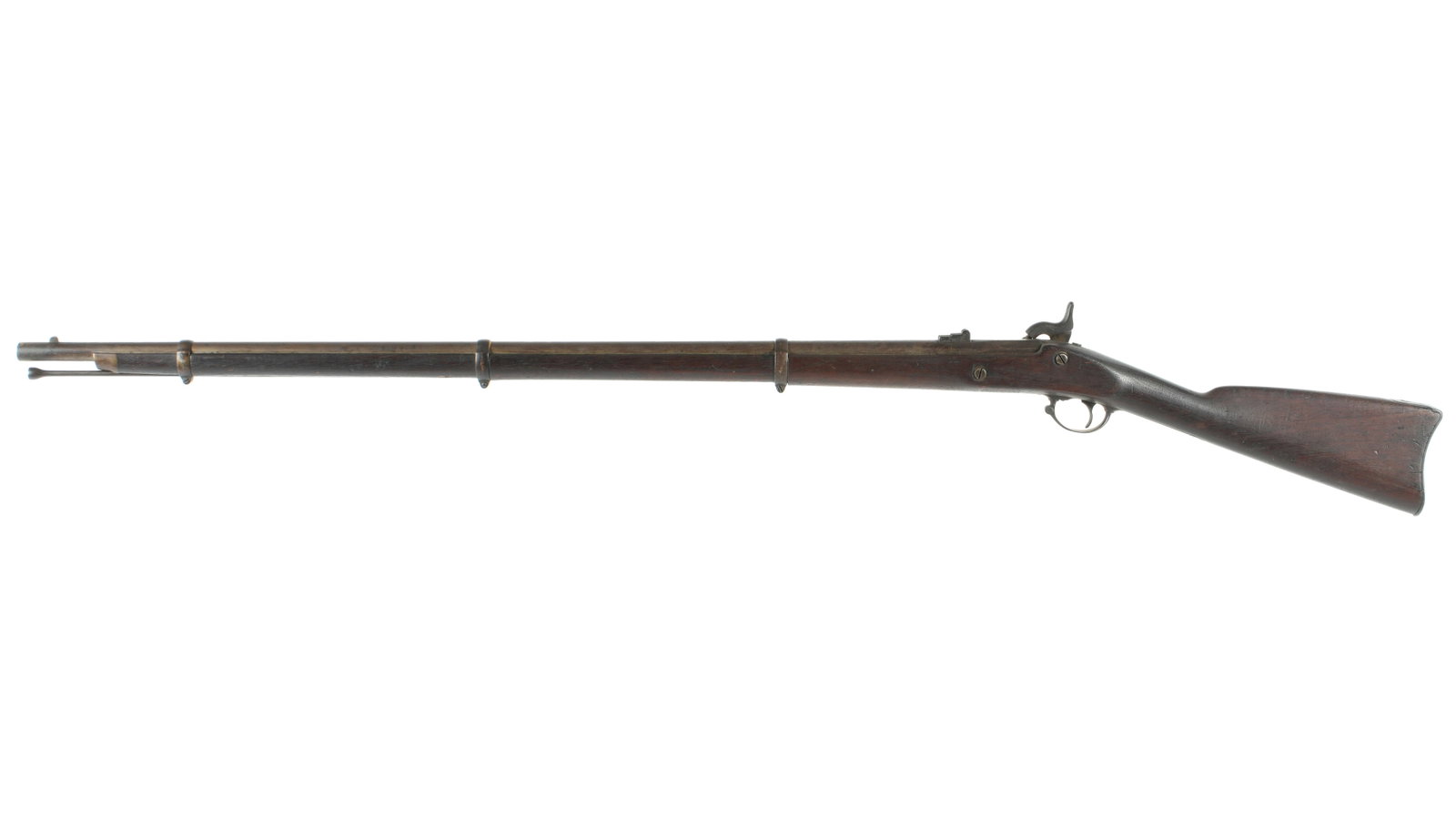 1863 US Springfield Civil War Rifle: Model 1863 and dated 1863, 40" round .58 caliber smoothbore barrel, three barrel bands, well marked "US Springfield" with eagle on lockplate. Full walnut stock, we could not find the inspector cartouc