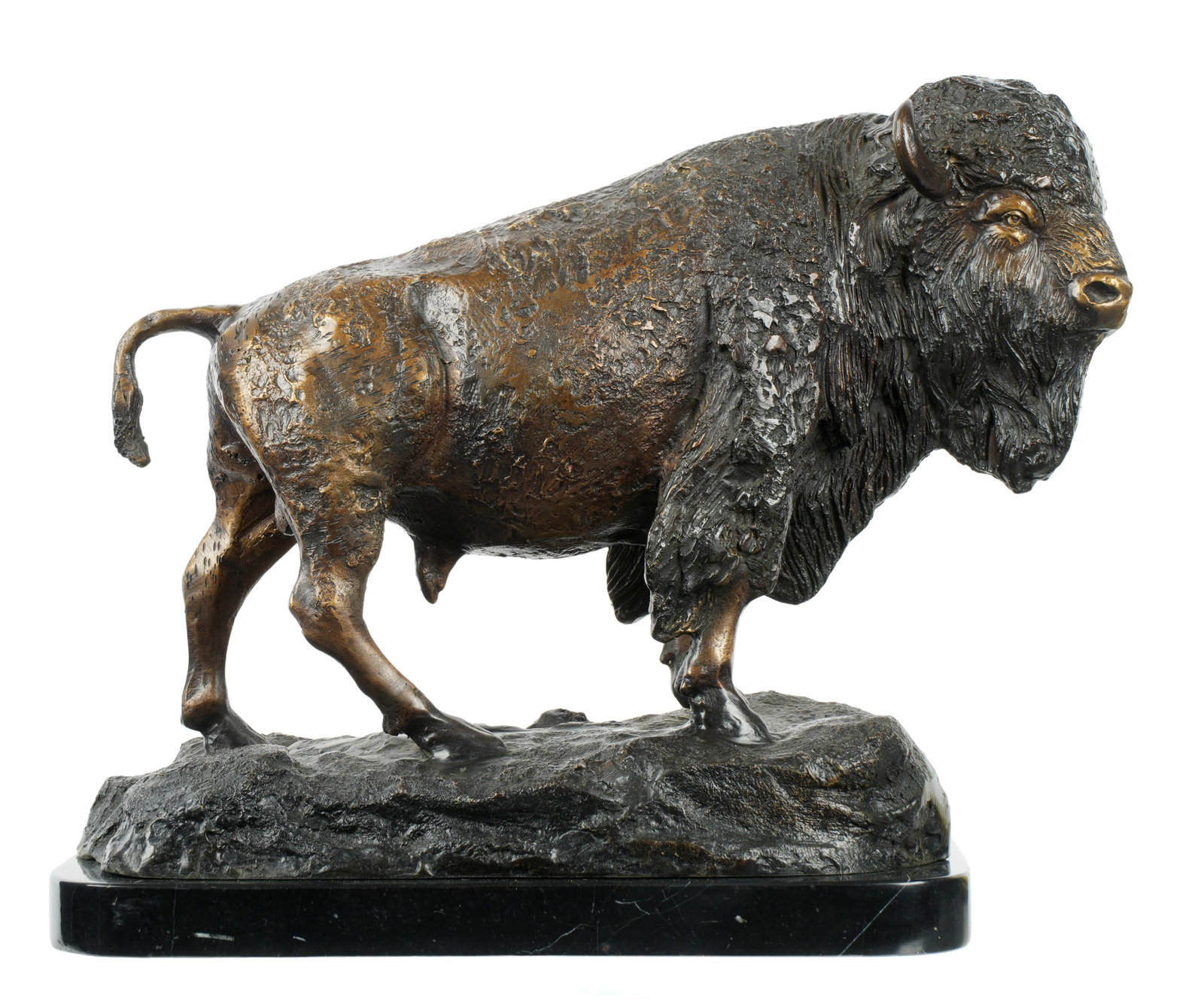 Benje Bronze Buffalo Sculpture: BENJE, (American, 20th Century): Patinated bronze figure of a standing buffalo, signed on base, affixed to marble plinth. Overall 12" h. x 14.5" x 6.5".