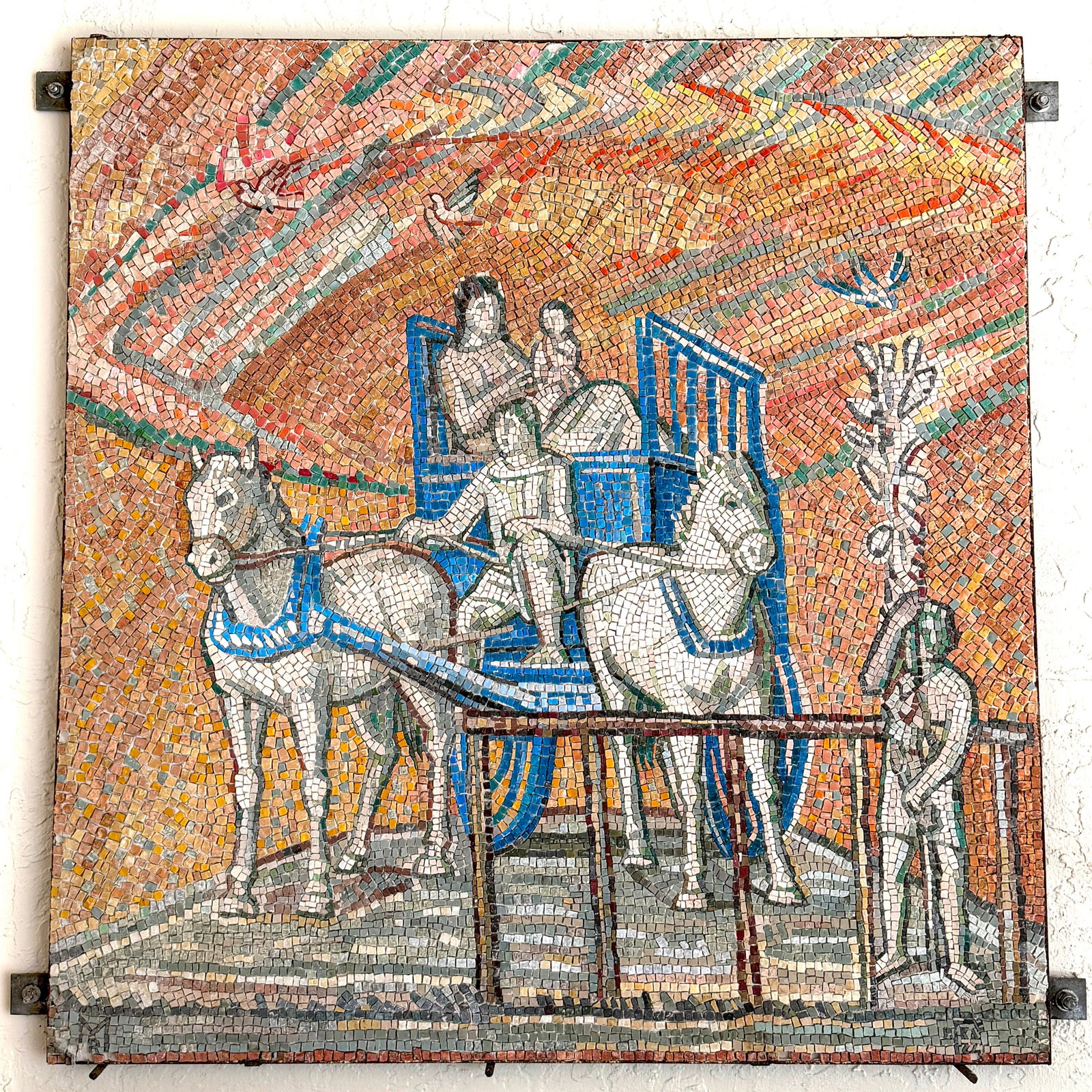 Vatican Studios Mosaic Tile Joseph, Mary & Christ: Macro mosaic wall tile from the Vatican Mosaic Studios depicting Joseph, Mary, and the Infant Christ in a wagon pulled by horses. Doves above. Measurements coming soon