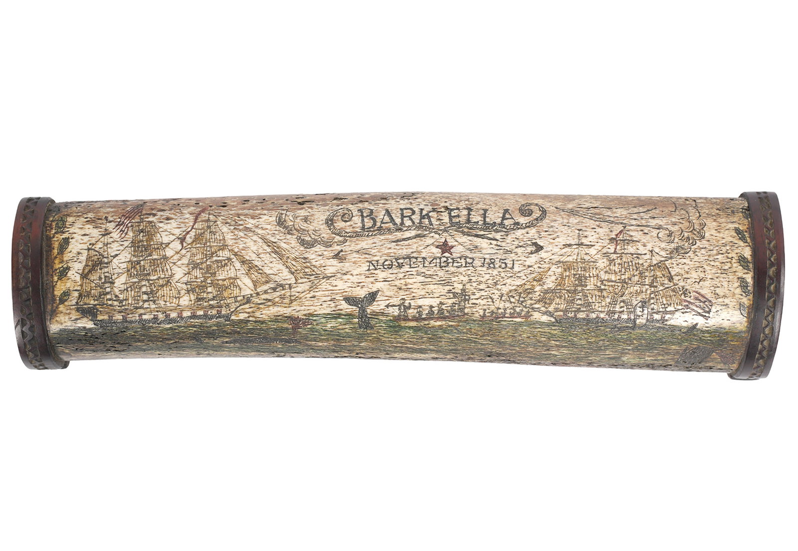 1851 Scrimshaw Whale Bone of the Bark Ella: Nicely detailed scrimshaw whale bone, top side depicting two whaling ships and title "Bark Ella, November 1851", underneath with roses and whale, inscribed "Engraved by W. Eldridge", and "for his belo