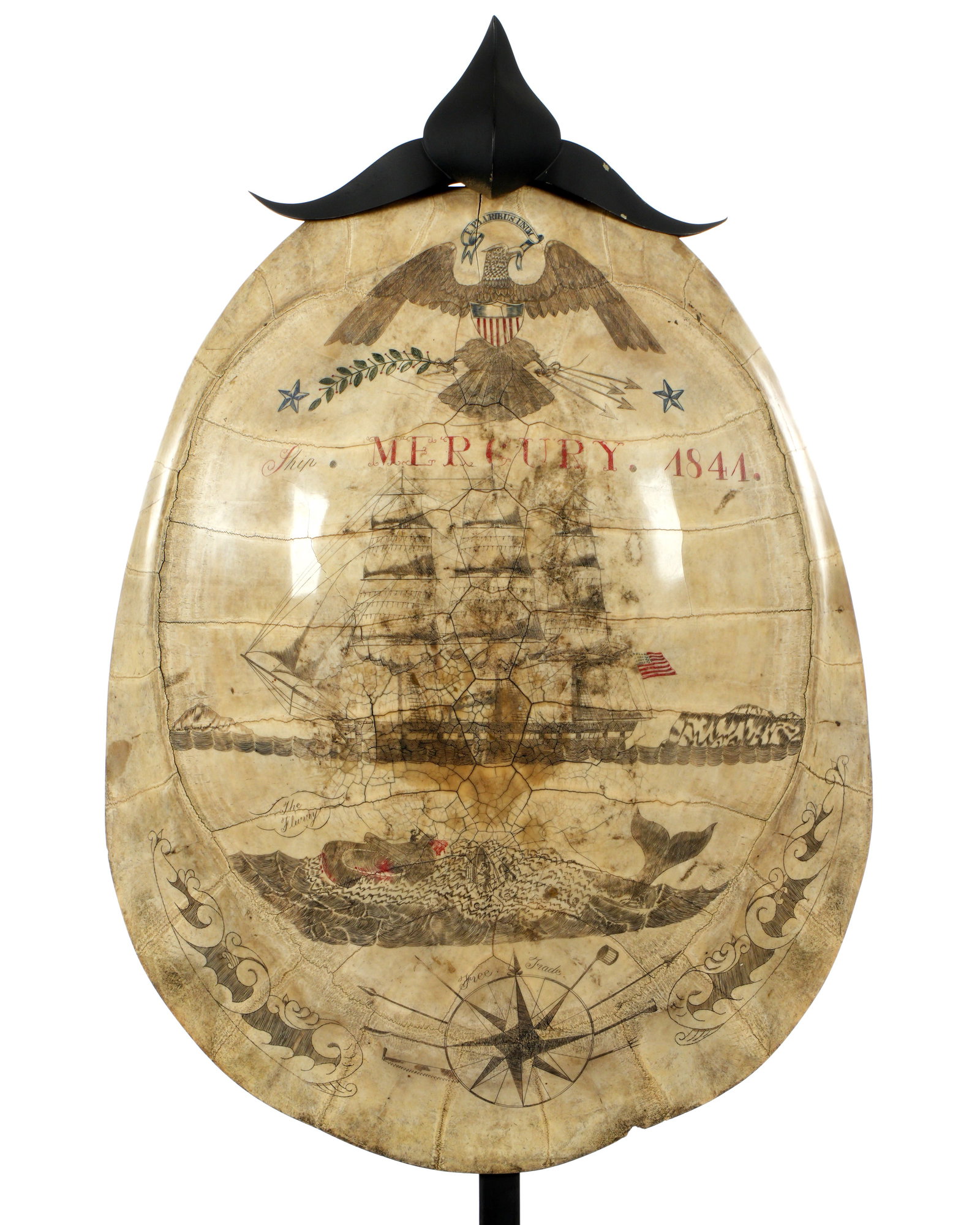 19th C. Scrimshaw Turtle Carapace Mercury 1844 (1 of 9)