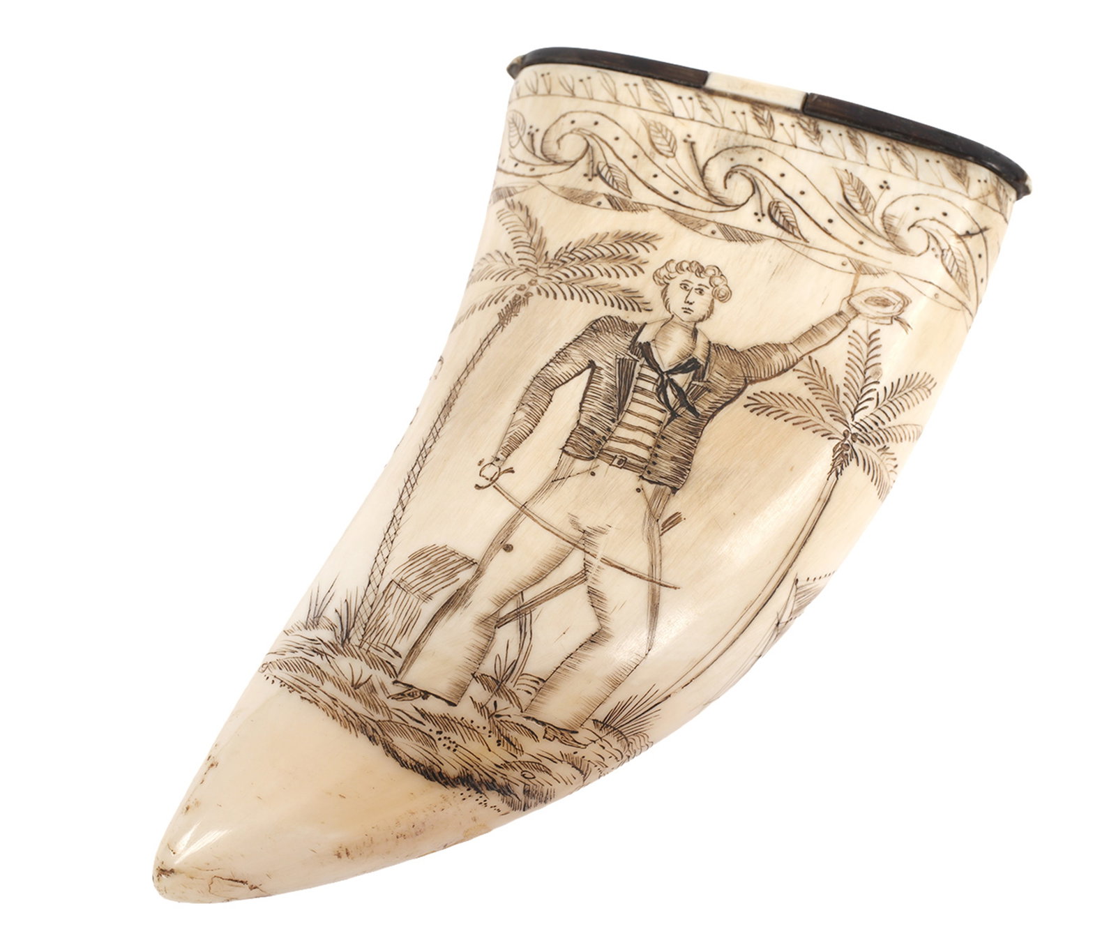19th Century Scrimshaw Tooth Ship Ellen & Sailor: 19th Century scrimshaw whale tooth with hinged snuff box lids at base. Obverse with figure of a sailor holding hat and sword in tropical setting, identified as G. S. Winston. Reverse with depiction of