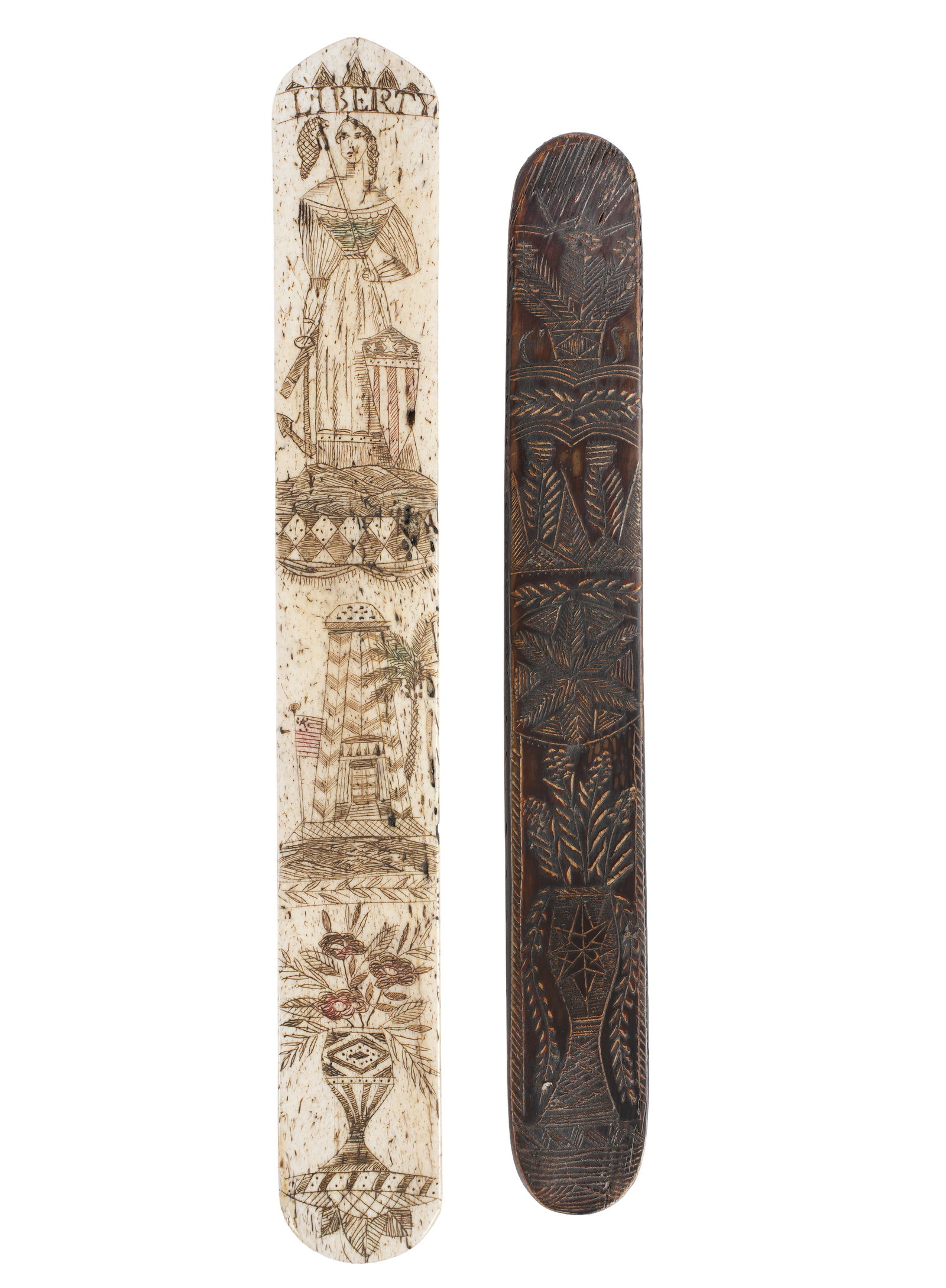 Two Carved Shell and Scrimshaw Bone Page Turners: 19th Century, two pieces total to include 1) Scrimshaw whale bone, obverse "Liberty" over maiden holding anchor, net, and shield; lighthouse with American flag; lower urn with flowers. Reverse with wh