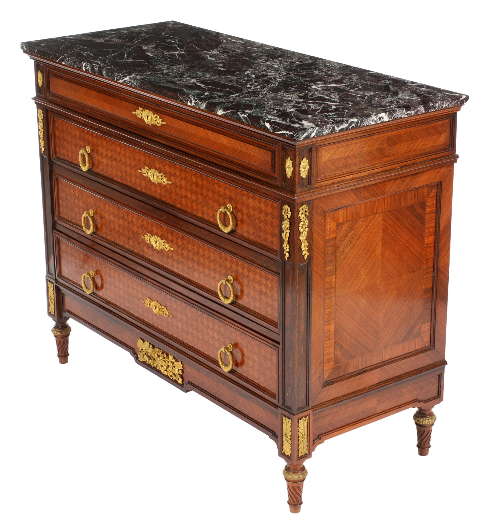 French Leglas Maurice Marble Top Inlaid Commode: Circa 1870, variegated ,marble top over parquetry inlaid four drawer case, applied ormolu mounts and decoration. On four turned legs. Leglas Maurice metal tag affixed to back. Overall 39.5" h. x 49.25