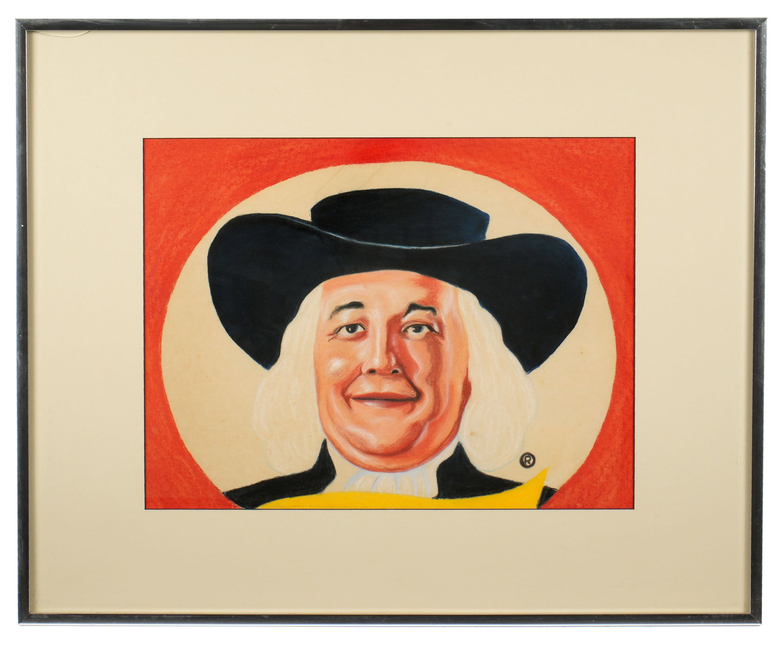 Watercolor Portrait of the Quaker Oats Icon: Watercolor on Paper portrait of "Larry", the iconic symbol of Quaker Oats, signature not discovered, sight size 15" x 20", framed 24.5" x 30.5". Condition: Creasing upper center, foxing.