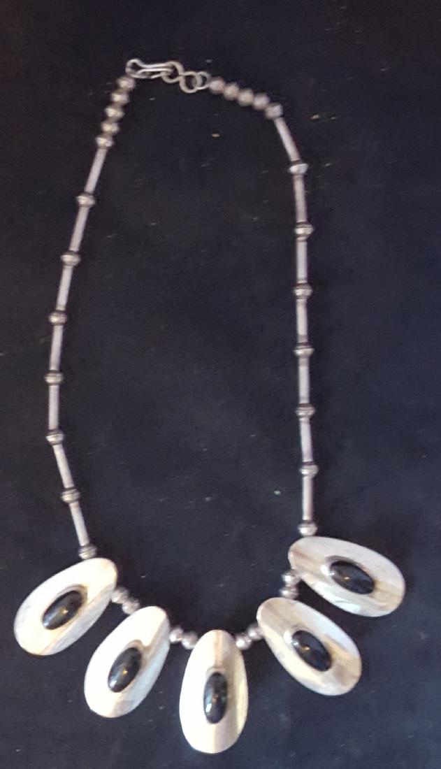 navajo silver necklace: 1960s 70s sterling silver and jet signed A.ramune 14.5" long