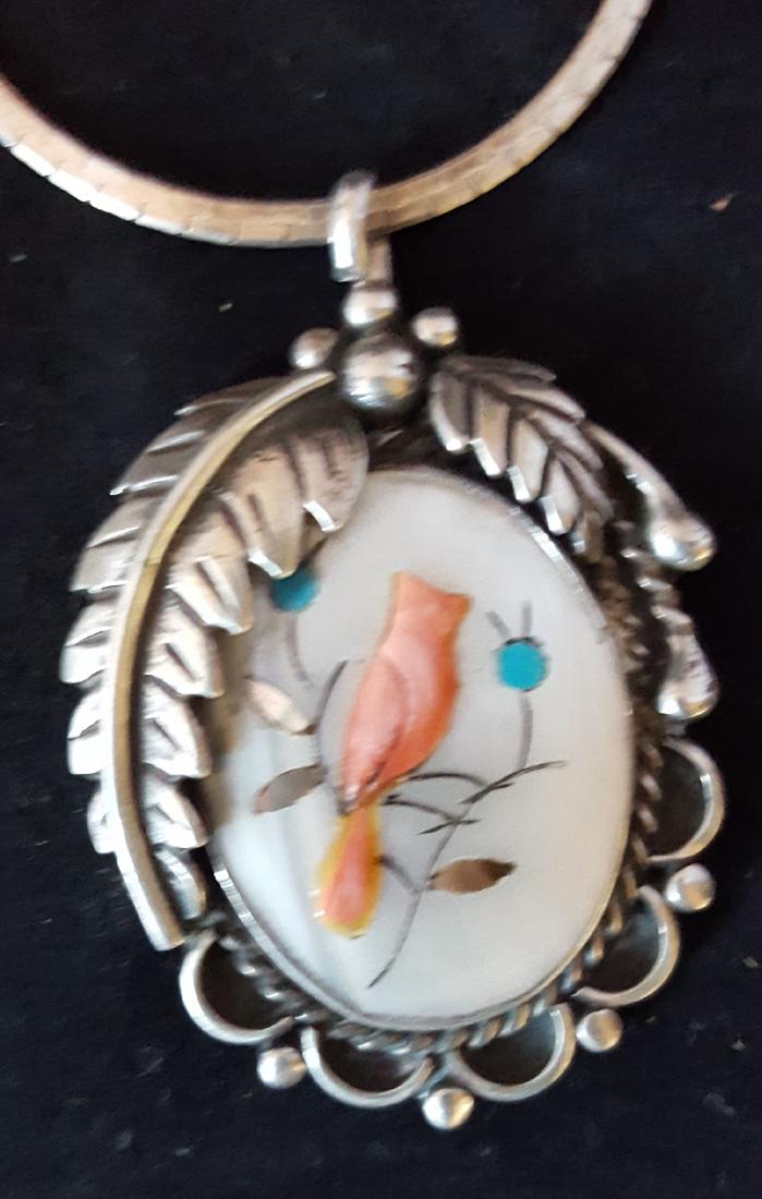 navajo pendant: 1960s 70s sterling silver leaf design with stone to stone cardinal signed chief dodge pendant 2"x1.25" necklace 28" long