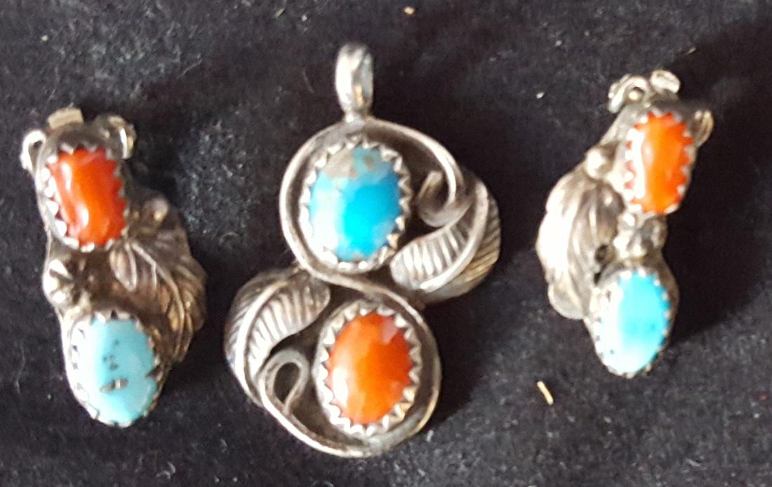 navajo jewlery set: 1960s 70s sterling silver pendant coral and turquoise signed DA 1"x.5" earrings .75"x.3"