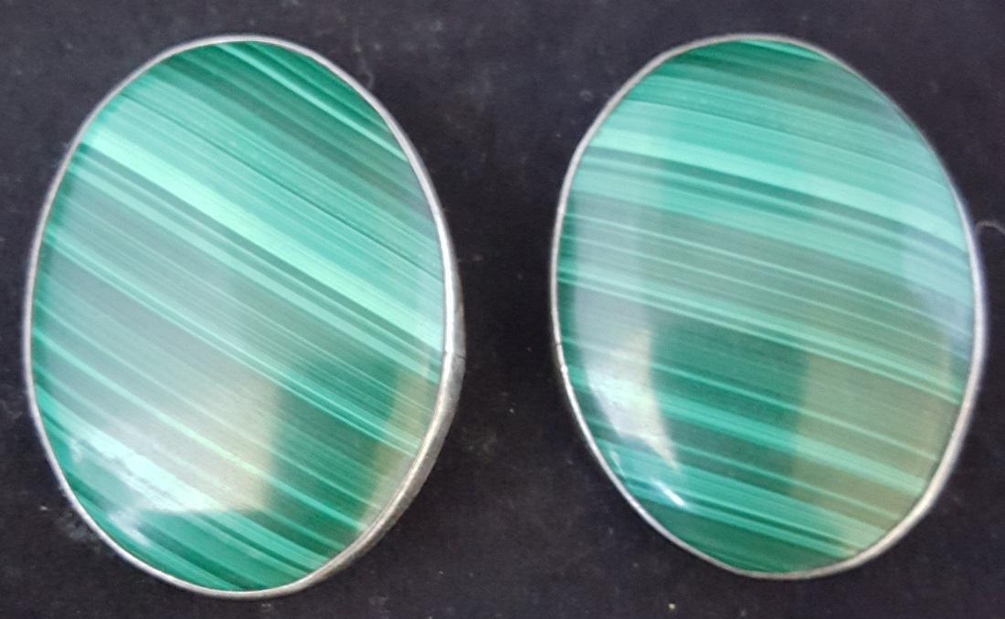 mexican earrings: 1960s 70s steling silver and Chrysocolla signed jackson 1.5"x1.25" clip on