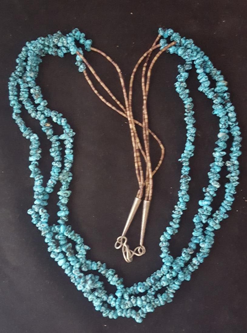 pueblo necklace: 1970s 80s turquoise and shell 3 strands with sterling silver tips 24" long