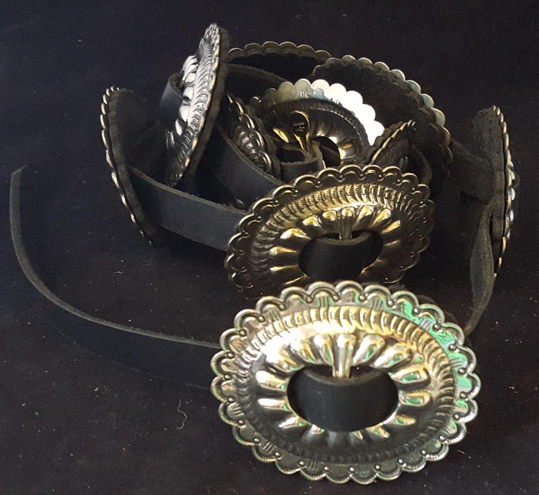 navajo concho belt: 1970s 80s german silver hand stamped design buckle 2.5"x3" 9 conchos 2.5"x3" each 49" long