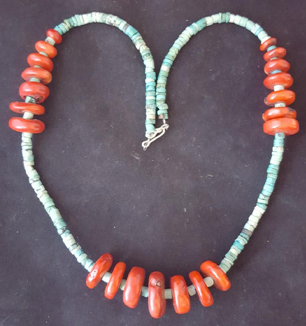 pueblo necklace: 1960s 70s turquoise and coral beads 19" long