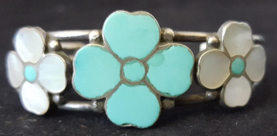 navajo bracelet: 1970s 80s sterling silver turquoise and mother of pearl flower design 5"x1"x1.25"