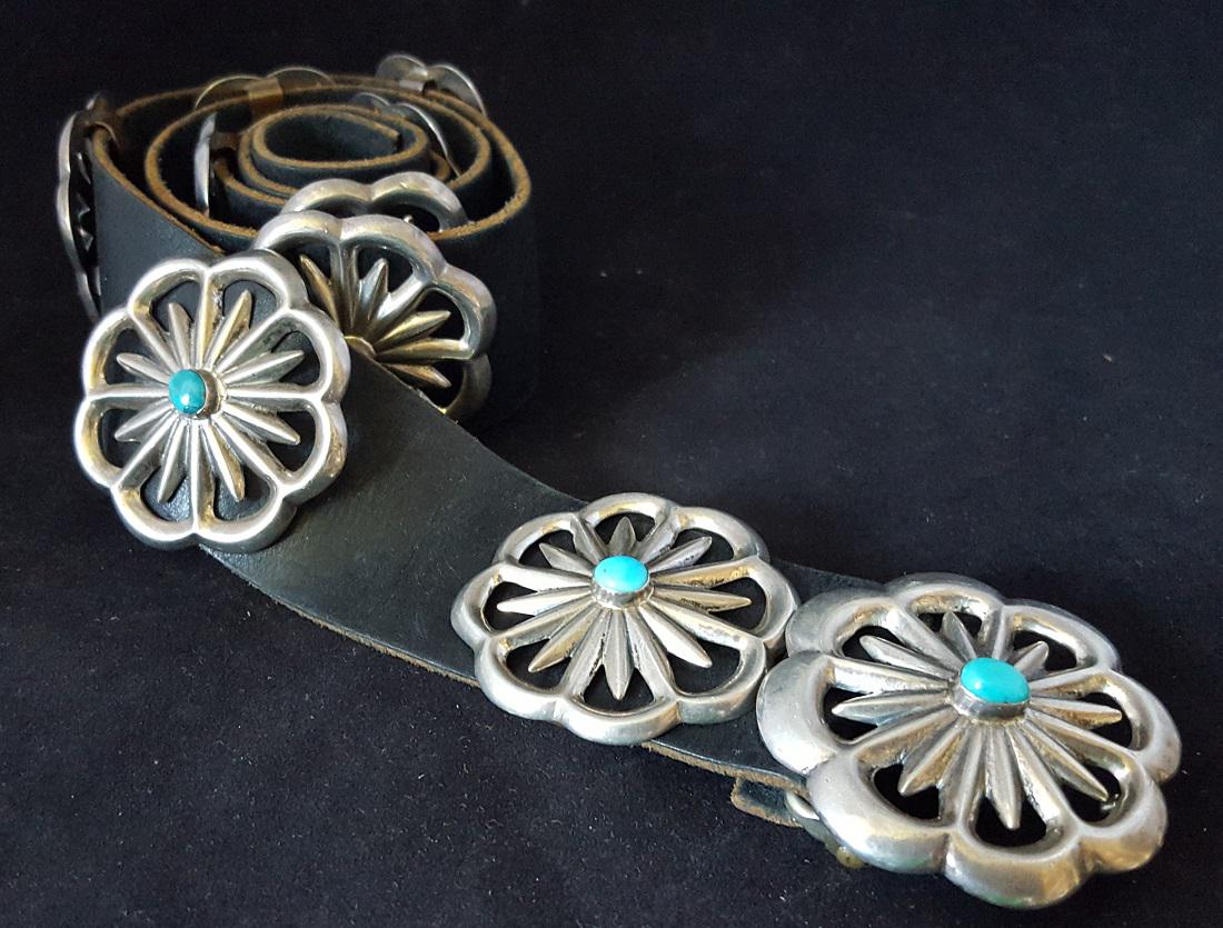 navajo concho belt: 1960s 70s sterling silver cast design single turquoise stone in each concho buckle 2.25" diameter conchos 2" diameter 34" long