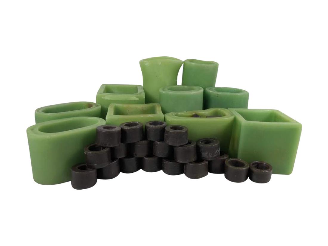 Wax Vases and Napkin Rings: Ten green wax vases with thick walls of various unique shapes and 20 brown napkin rings. Likely mid to late 20th C. Most 5" – 11", rings 2"