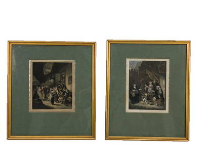 Pair of Hand Colored Old Master Engravings, 18th C.: A pair of hand colored prints. One 18th c. scene of a merry crowd by Cornelis Pietersz Bega and another of a group at the market by Gabriël Metsu. 12"x13"