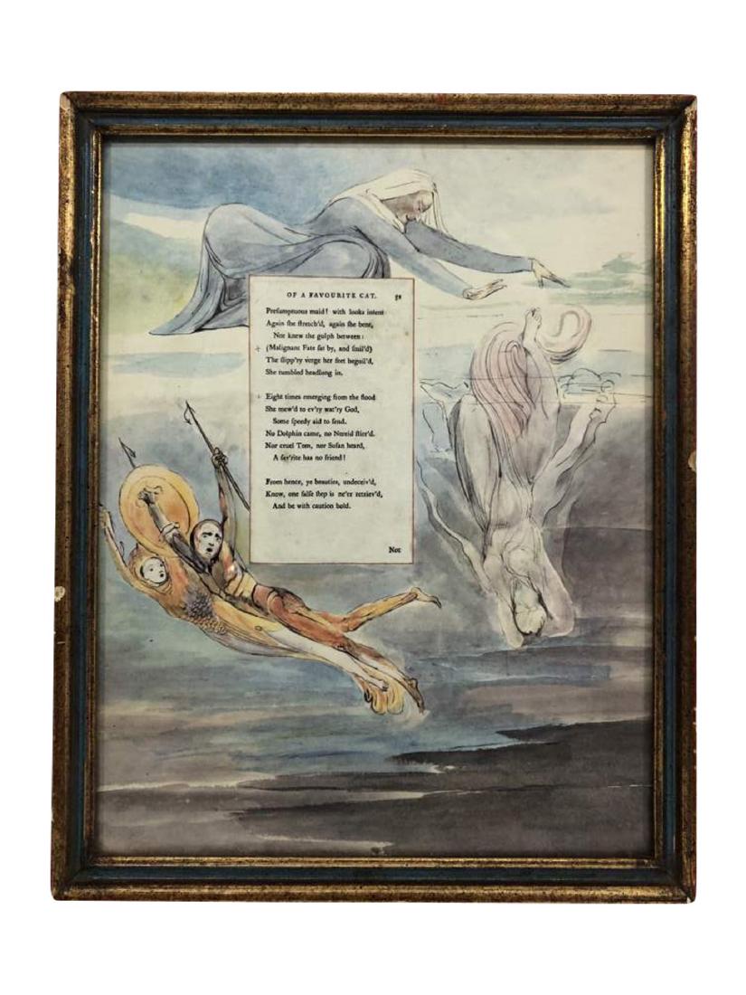 "Of a favourite Cat" by Thomas Gray with Illustration: Color etching by William Blake with a verse from Thomas Gray's "Ode to the Death of a Favourite Cat". 9"x12"