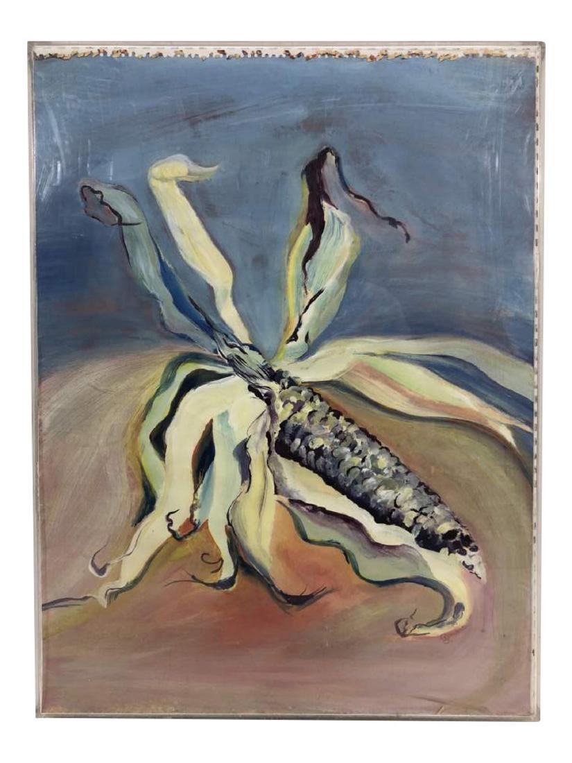 Oil on Paper, Corn Husk: A framed oil on paper of a corn husk. Signed towards the bottom right "Gemenele". 18"x24"