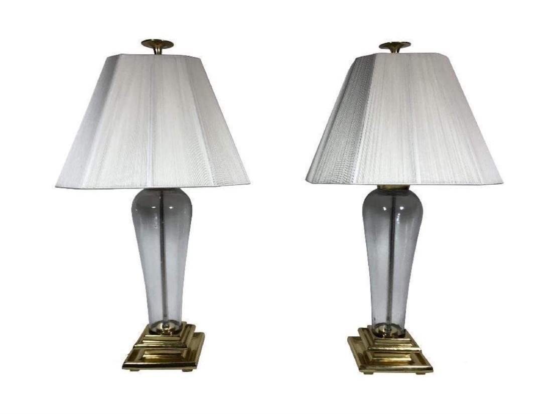 Pair of Matching Clear Glass Table Lamps on Brass Base (1 of 7)