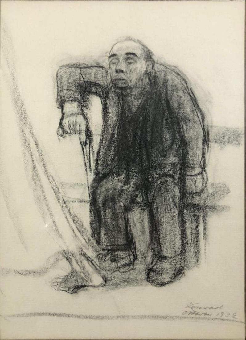 Charcoal Drawing Of Man With Cane, Framed Under Glass (1 of 2)