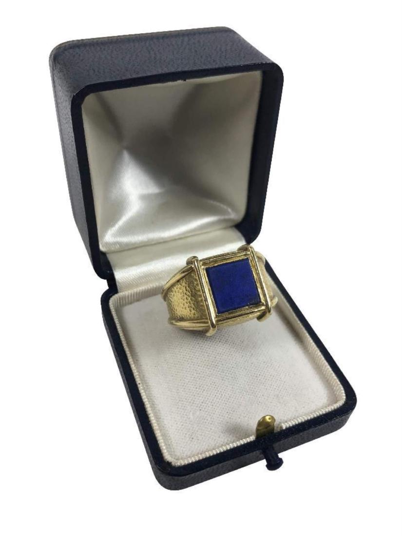 Schlumberger for Tiffany: Lapis in 18K Gold: A robust ring with a square lapis stone in 18K gold. Marked on inside Tiffany Schlumberger. Ring size 9. Inside measures .75" 28 grams.