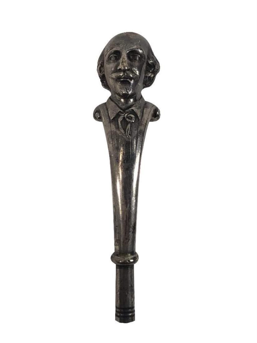 Victorian Bust of Shakespeare in Sterling Silver: Likely a finial or a tip. Hallmarked James Barclay Hennell and London, 1881. Item measures 4" in length.