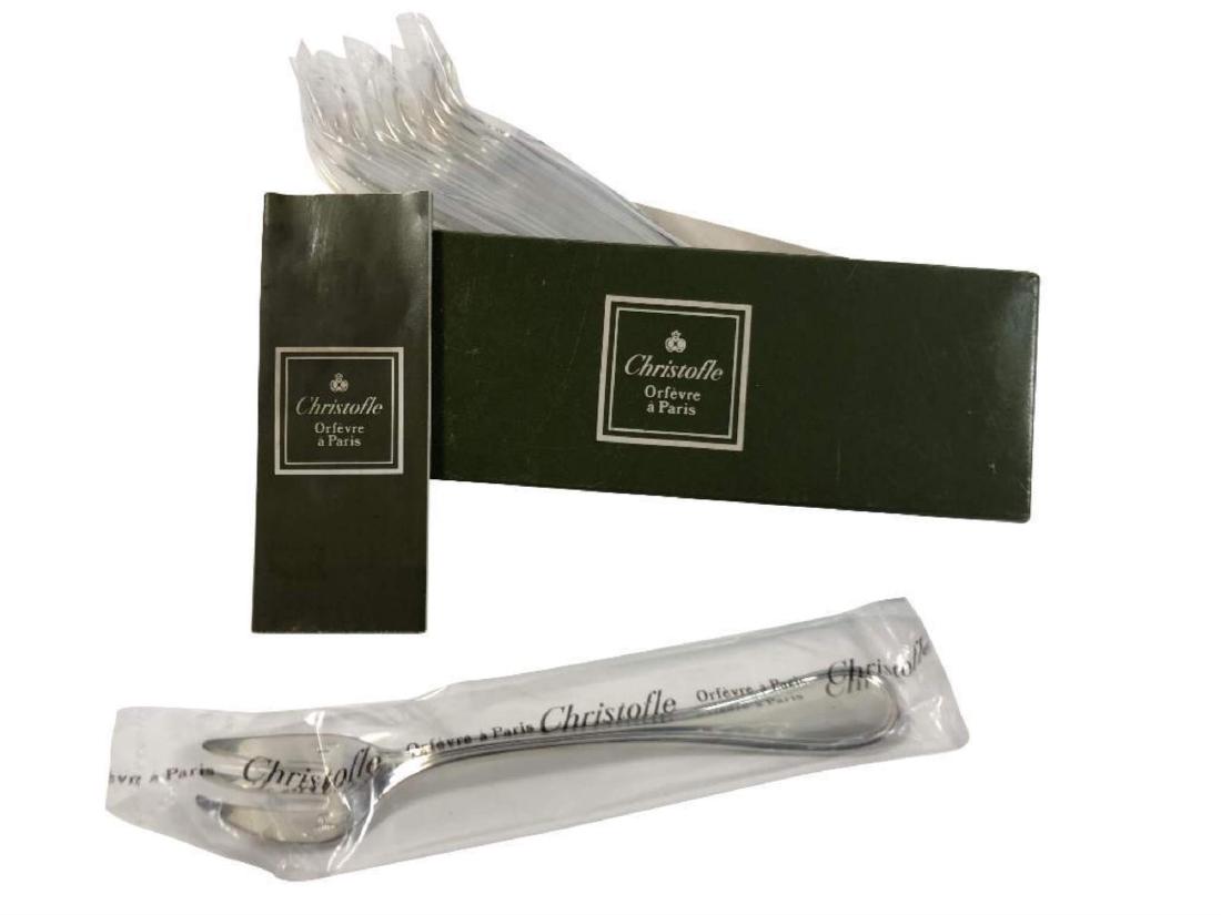Set Of 12 Silver Dessert Plate Forks By Christofle Orfe: Albi pattern. 3 prong cake forks. Set of 12 in original box. For reference: https://www.christofle.com/us_en/flatware/albi-5469.html