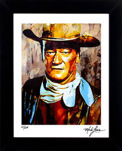 John Wayne - Gallant Duke Mark Lewis Signed LE Cy Young Ancestor: Custom framed display measures 27" x 22" in size with a matte black solid wood frame. This Print has been hand-signed by the artist, Mark Lewis and includes a personal inscription reading, "Best wishe