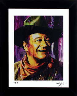 John Wayne - Brilliant Dawn Mark Lewis Signed LE Cy Young Ancestor: Custom framed display measures 27" x 22" in size with a matte black solid wood frame. This Print has been hand-signed by the artist, Mark Lewis and includes a personal inscription reading, "Best wishe