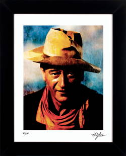 John Wayne - Spirited Heart Mark Lewis Signed LE Cy Young Ancestor: Custom framed display measures 27" x 22" in size with a matte black solid wood frame. This Print has been hand-signed by the artist, Mark Lewis and includes a personal inscription reading, "Best wishe