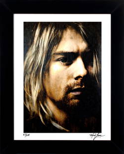 Kurt Cobain - As Darkness Fell Mark Lewis Signed LE Cy Young Ancestor: Custom framed display measures 27" x 22" in size with a matte black solid wood frame. This Print has been hand-signed by the artist, Mark Lewis and includes a personal inscription reading, "Best wishe