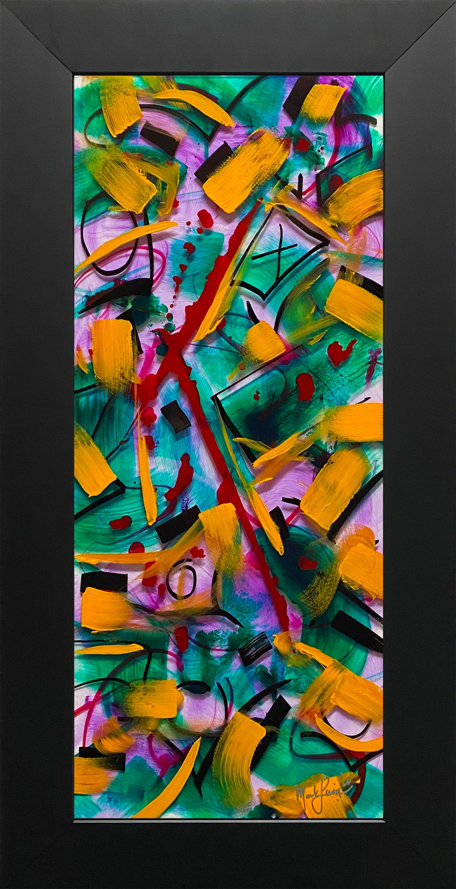 Mark Lewis Original Vertical Abstract: Rhythmic Geometry in Yellow & Teal (Cy Young Heritage): Evaluation: A sophisticated exploration of rhythmic complexity and vibrant geometry. Created by Mark Lewis—great-grand-nephew of MLB legend Cy Young—this original vertical masterwork features a sp