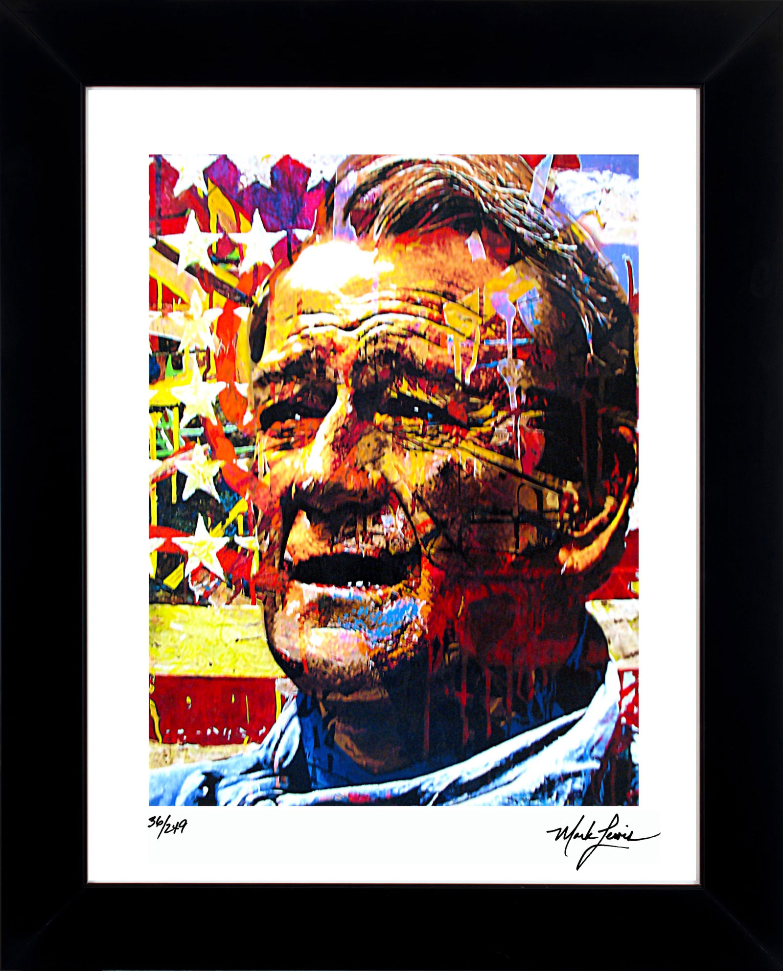 Mark Lewis – Signed Limited Edition Abstract Artwork on Fine Art Paper: Signed limited edition abstract artwork by Mark Lewis. This work is part of a numbered limited edition and is hand-signed by the artist. Custom framed display measures 27" x 22" in size with a matte b