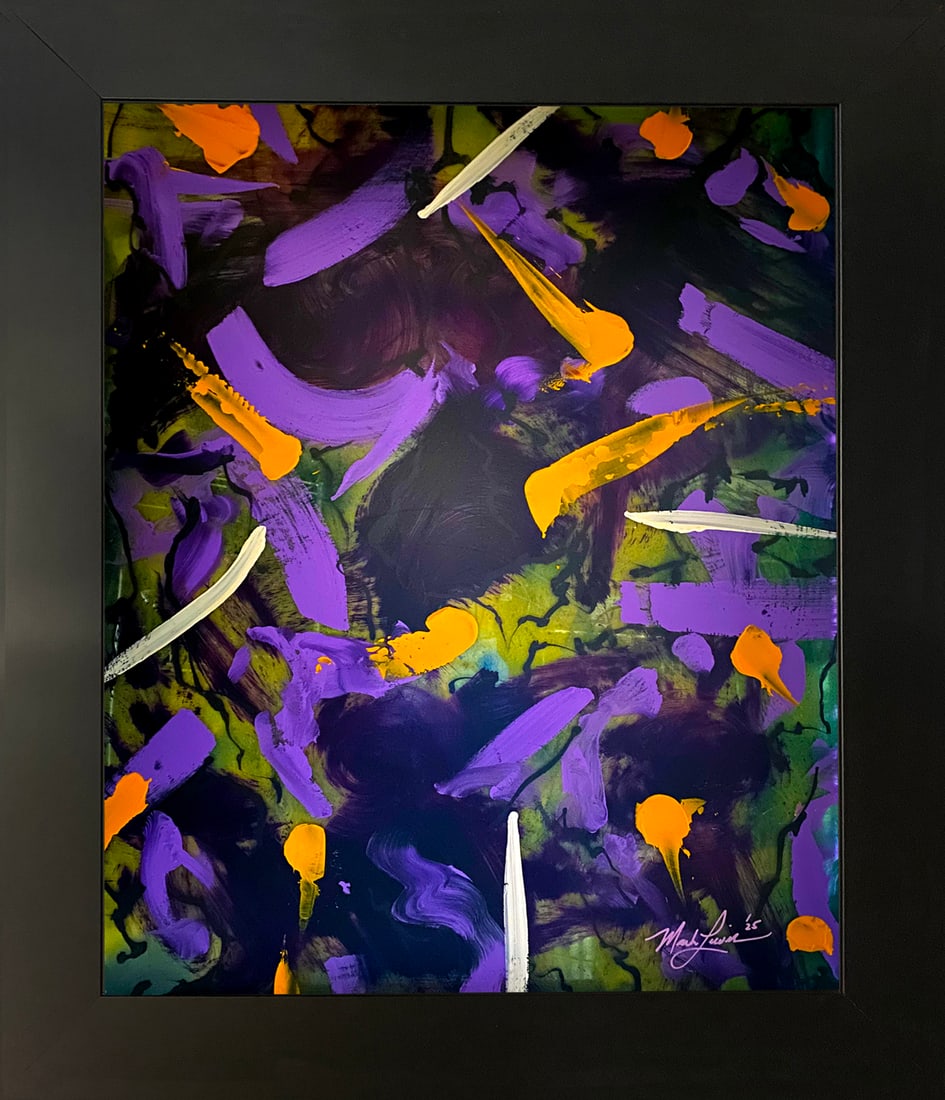 26002 Mark Lewis Original Abstract Expressionist Painting - Cy Young Heritage: Evaluation: A high-energy fusion of modern abstract expressionism and vibrant color theory. Created by Mark Lewis - the great-grand-nephew of MLB legend Cy Young. This original work features a complex