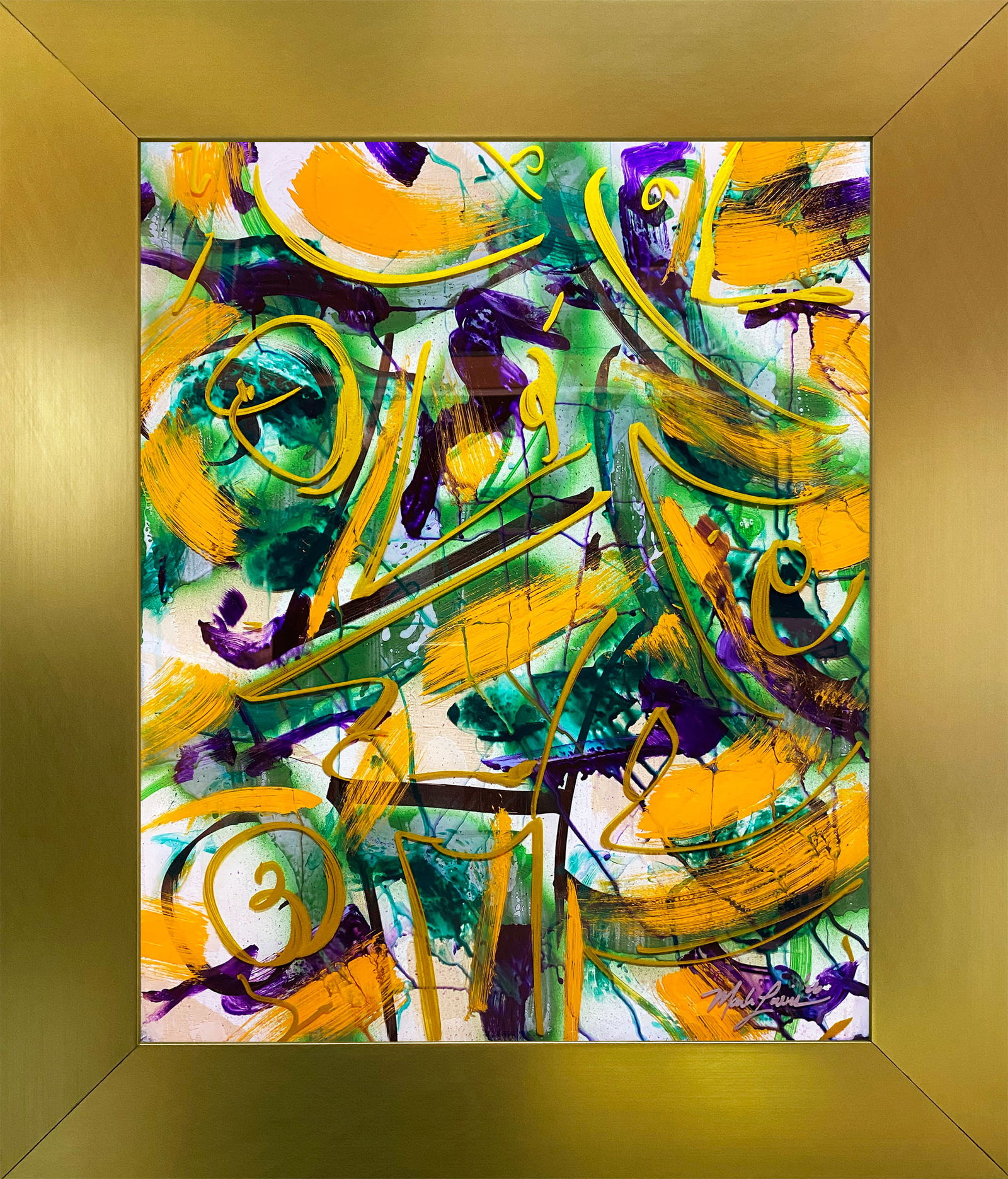 Original Abstract Art On Plexiglass – signed with COA 013-26: 013-25 – Contemporary original abstract painting by Mark Lewis, hand signed and custom framed in a museum quality gold frame. Executed in oil paint on plexiglass with layered texture, bold gestural
