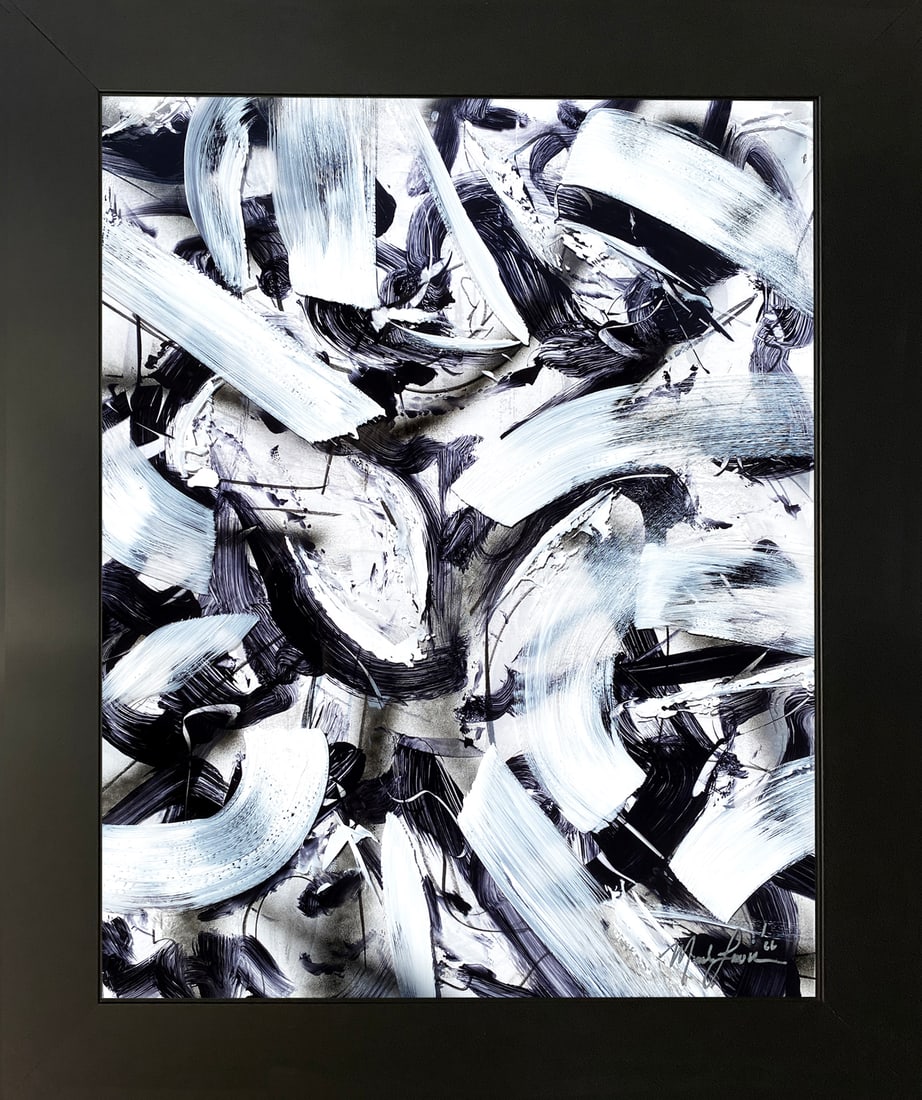 Original Abstract Art On Plexiglass – signed with COA 018-26: 018-26 - Contemporary original abstract painting by Mark Lewis, hand signed and custom framed in a sleek black frame. Executed directly onto premium acrylic glass, this monochromatic work captures a p