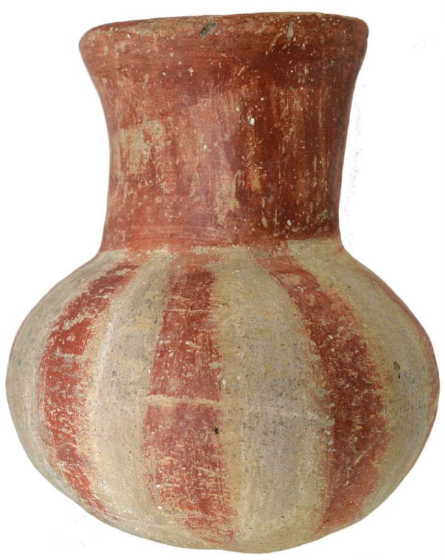 5 5/8" Quapaw Red and White Striped Bottle. AR.: 5 5/8" Quapaw Red and White Striped Bottle. Arkansas. Appears solid, original. Ex-Frank Morast