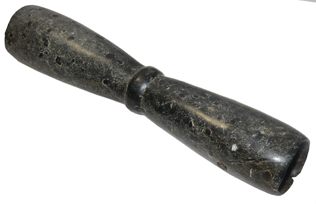 12 1/2" Constricted Center Tube Pipe. CA. Davis G10: Special Offering. 12 1/2" Constricted Center Tube Pipe. San Diego Co, CA. Large and finely made Western Steatite example. Small nick on rim, otherwise excellent condtion. Ex-Eddie Freyer. Once in the