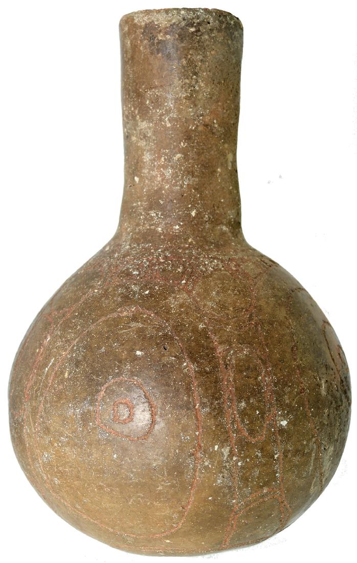 7 1/8" H. Engraved Caddo Bottle. Clark Co, AR. Bowl: 7 1/8" H. Engraved Caddo Bottle. Clark Co, AR. Bowl rings solid, neck reattached. Nice, balanced bottle