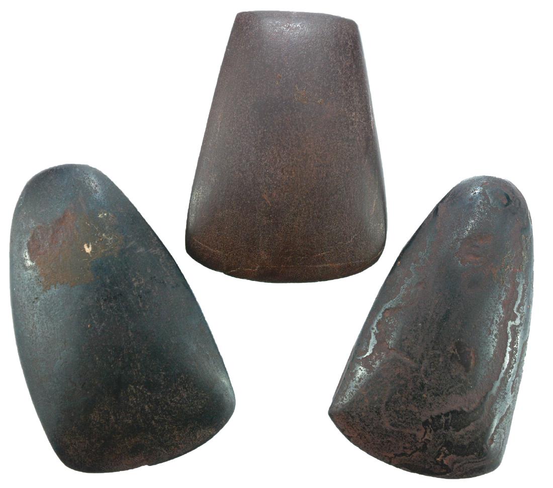 3 Hematite Celts (2"-2 1/4"). AR/MO. Ex-Greg Perino: 3 Hematite Celts (2"-2 1/4"). AR/MO. Very fine examples, well made. Ex-Rick Stevens, Greg Perino