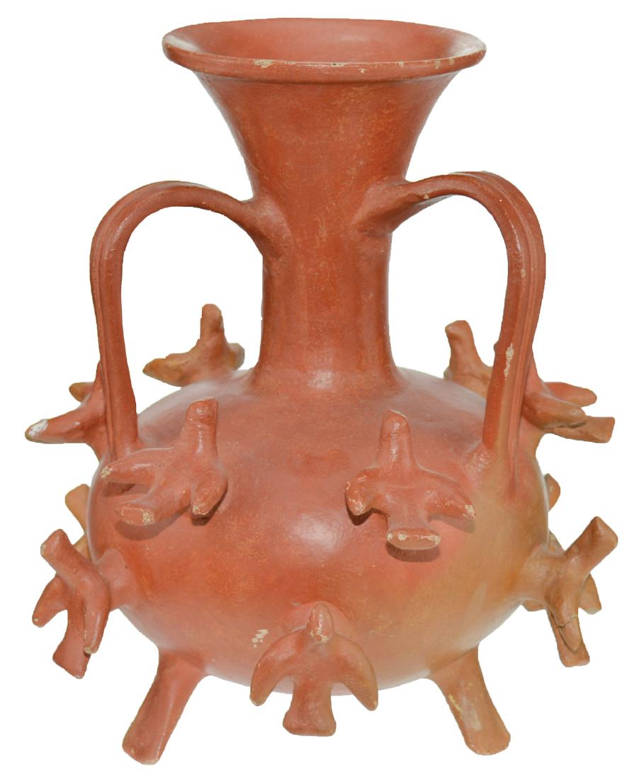 13" H. Bird Vase. Ample red pain. Ex-Rick Stevens.: 13" H. Bird Vase. Ample red pain. Southwestern US. Wing and tail of one bird applique has been glued. Original paint. Ex-Rick Stevens. Pictured in WW#10, pg 326